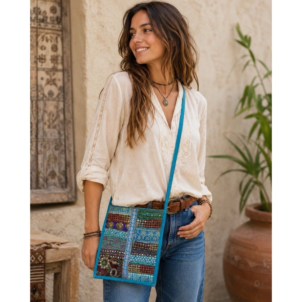 Vintage Boho Patchwork Sequin Crossbody Bag Blue Cotton India Festival Purse - Picture 1 of 12